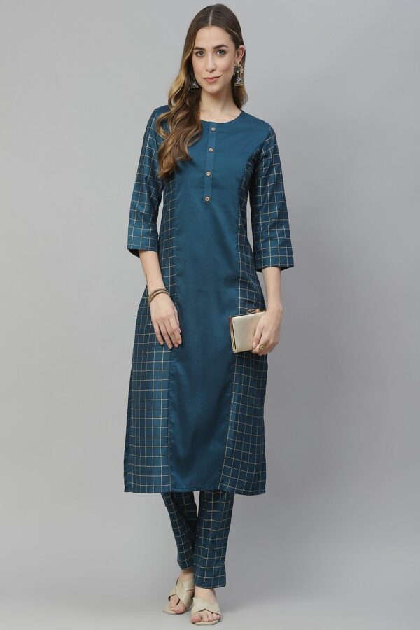 Teal Blue Color Foil Print Straight Kurta And Pant Set - Image 5