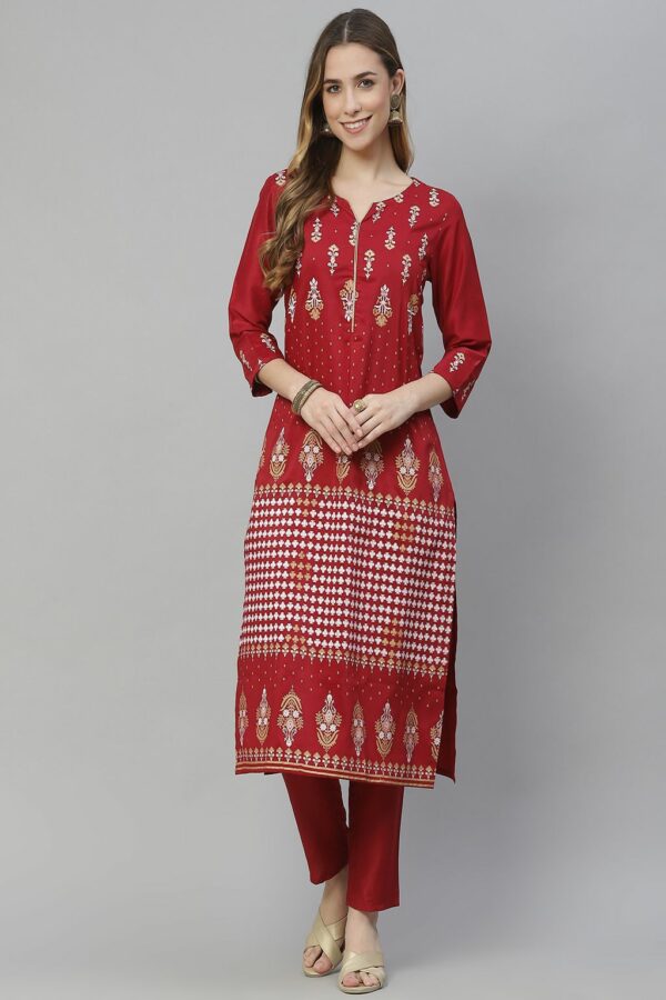 Red Color Foil Print Straight Kurta And Pant Set