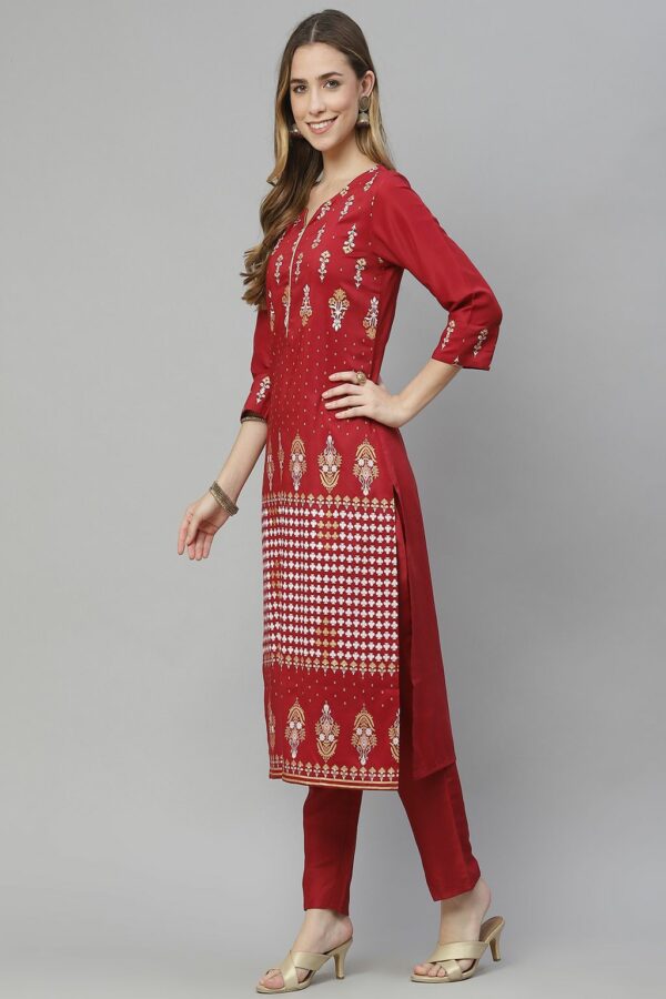 Red Color Foil Print Straight Kurta And Pant Set - Image 2