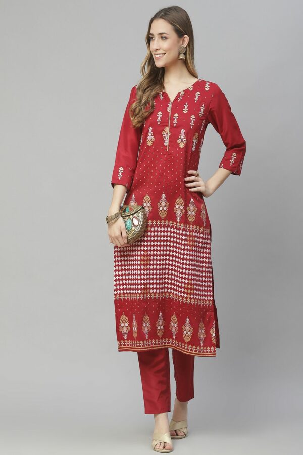 Red Color Foil Print Straight Kurta And Pant Set - Image 5