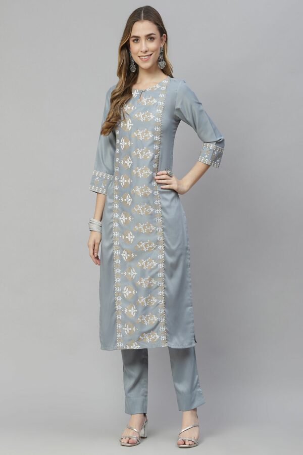 Grey Color Foil Print Straight Kurta And Pant Set