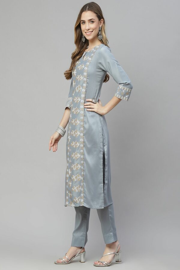 Grey Color Foil Print Straight Kurta And Pant Set - Image 2