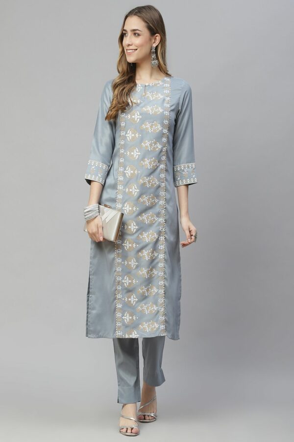 Grey Color Foil Print Straight Kurta And Pant Set - Image 5