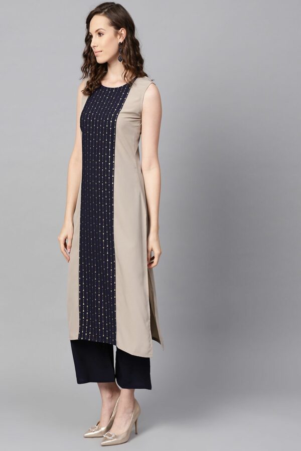 Beige Color Foil Print Straight Crepe Kurta - Image 4