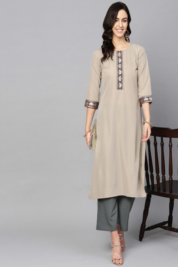 Beige Color Solid Straight Crepe Kurta Palazzo Set - Image 2