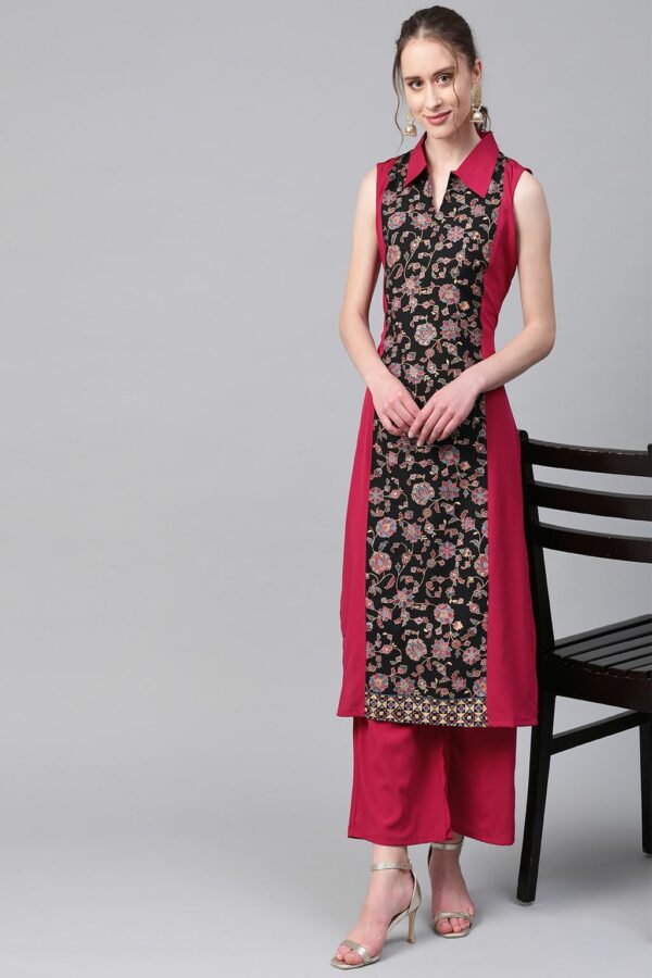 Dark Pink Colour Khadi Print Straight Crepe Kurta With Palazzo / Salwar Suit Set - Image 3