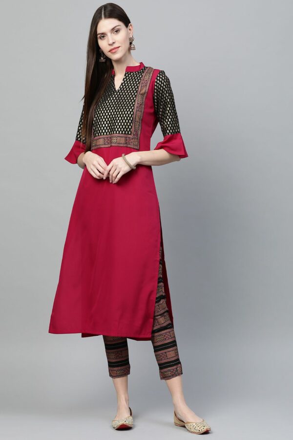 Dark Pink Colour Foil Print Straight Crepe Kurta With Pant / Kurta Set