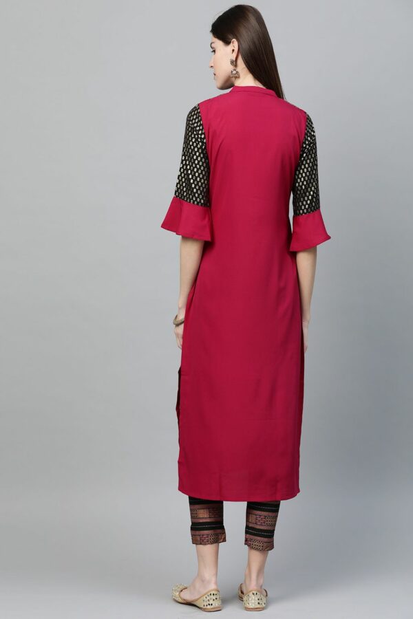 Dark Pink Colour Foil Print Straight Crepe Kurta With Pant / Kurta Set - Image 2