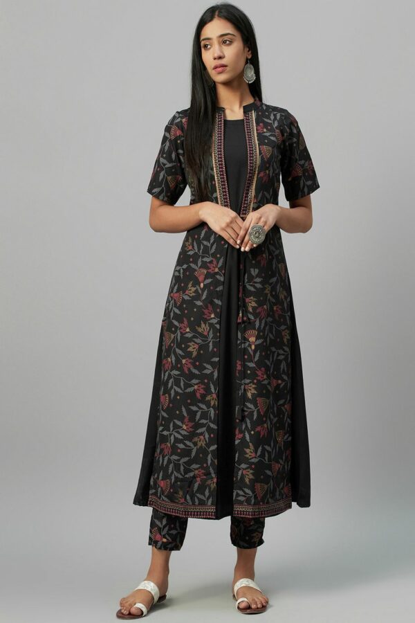 Black Crepe Foil Printed A-Line Kurta With Pant Set