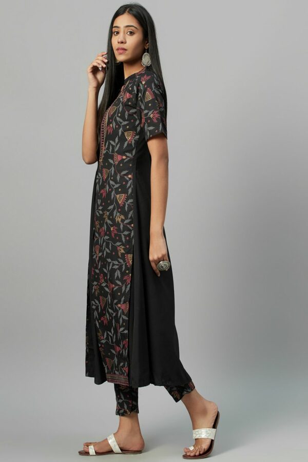 Black Crepe Foil Printed A-Line Kurta With Pant Set - Image 2