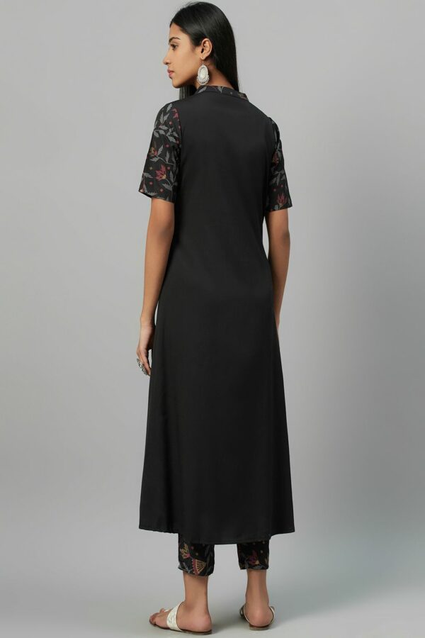 Black Crepe Foil Printed A-Line Kurta With Pant Set - Image 3