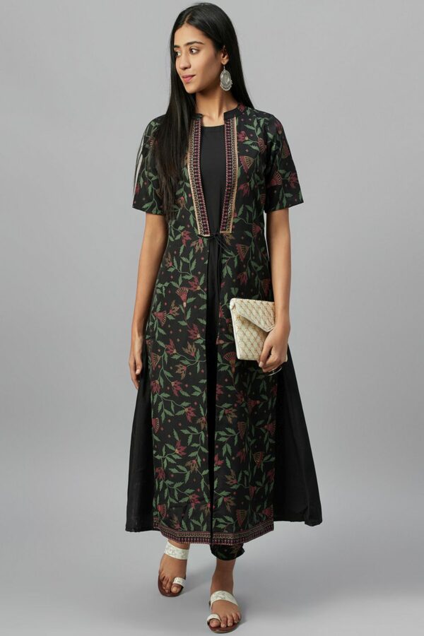 Black Crepe Foil Printed A-Line Kurta With Pant Set - Image 5