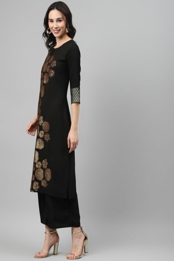 Black Color Foil Print Straight Kurta - Image 2