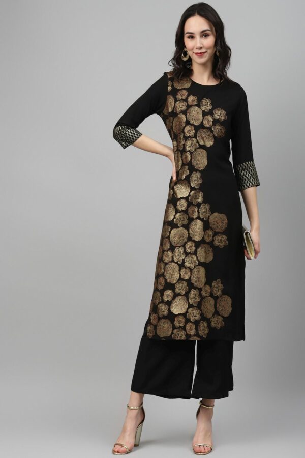 Black Color Foil Print Straight Kurta - Image 5