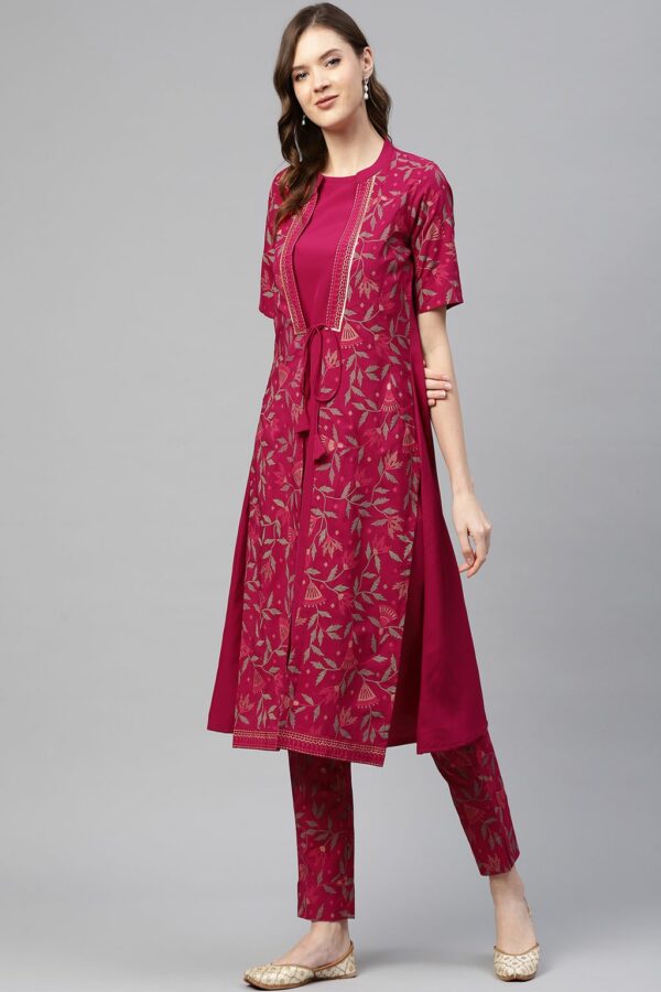 Dark Pink Color Foil Printed A-Line Kurta - Image 2