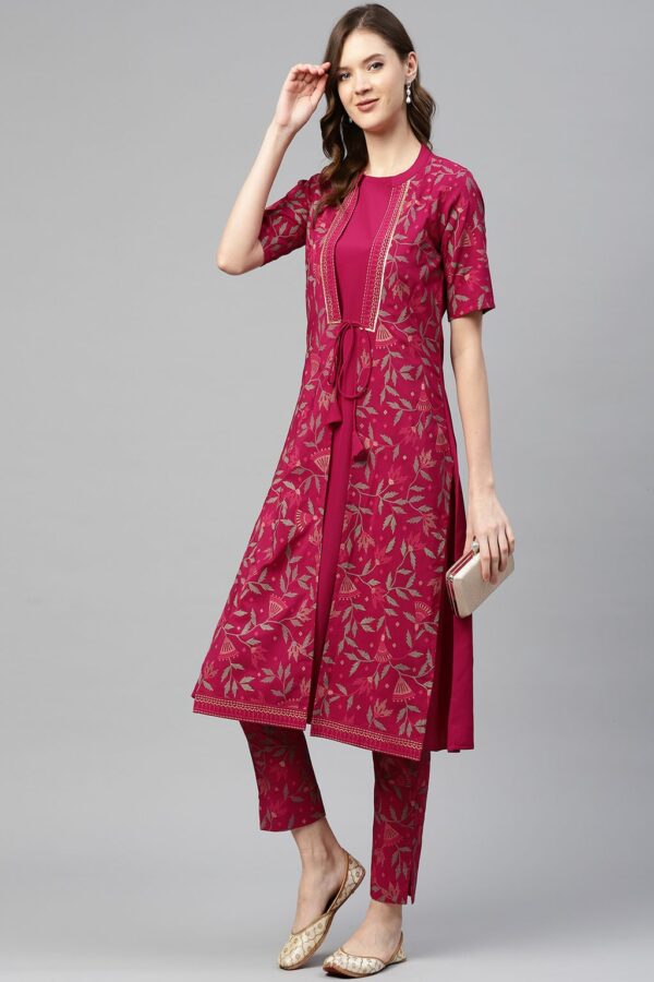 Dark Pink Color Foil Printed A-Line Kurta - Image 5