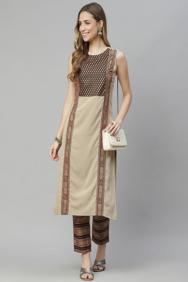 Beige Color Foil Print Straight Kurta And Pant Set - Image 5