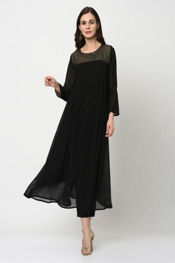 Black Foil Print Straight Georgette Kurta - Image 2