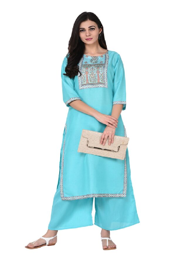 women's Summer Blue color Straight Digital Print Kurta Palazzo Set