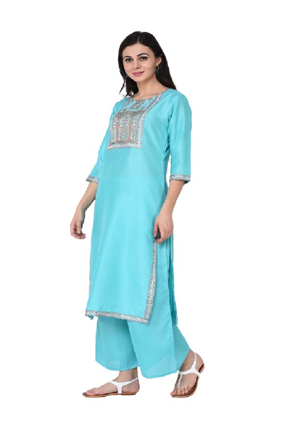 women's Summer Blue color Straight Digital Print Kurta Palazzo Set - Image 4