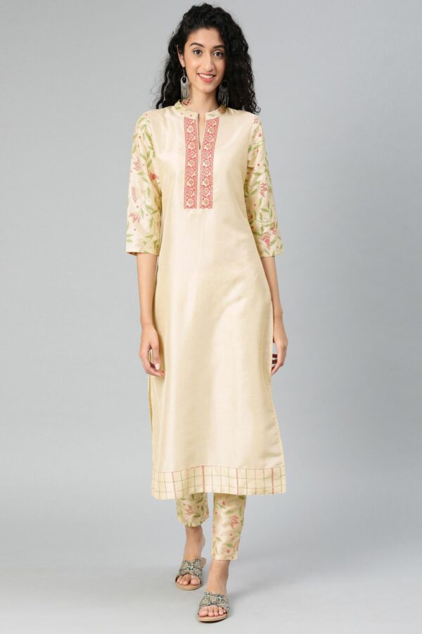 Cream Colour Solid Straight Polysilk Kurta With Pant / Salwar Suit Set