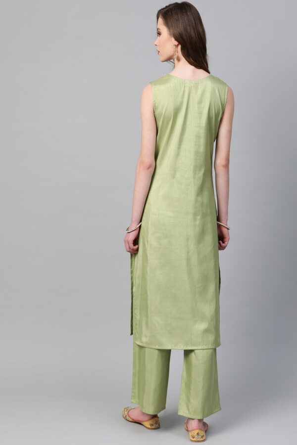 Green Colour Khadi Print Straight Polysilk Kurta With Palazzo / Salwar Suit Set - Image 2