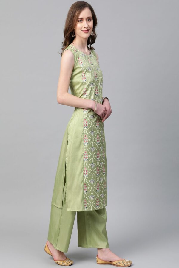 Green Colour Khadi Print Straight Polysilk Kurta With Palazzo / Salwar Suit Set - Image 3