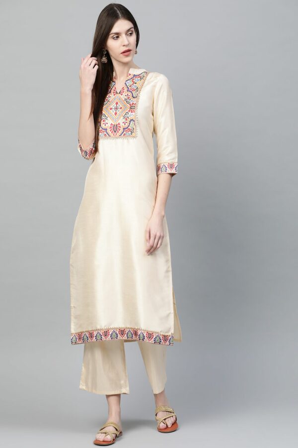 Cream Colour Dyed Straight Polysilk Kurta With Palazzo / Kurta Set