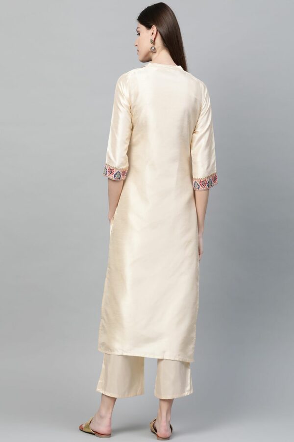 Cream Colour Dyed Straight Polysilk Kurta With Palazzo / Kurta Set - Image 2