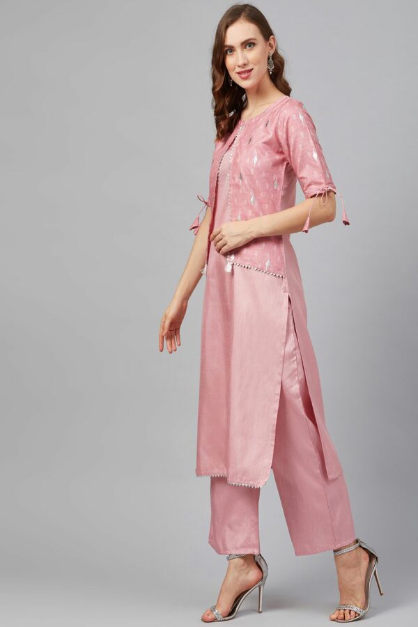 Pink Poly Silk Khadi Straight Kurta With Palazzo Set - Image 3