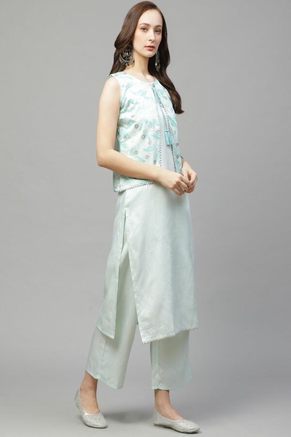 Mint Green Poly Silk Khadi Straight Kurta With Palazzo Set - Image 3