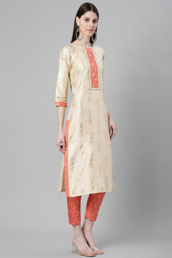 Cream Color Foil Print Straight Kurta - Image 2