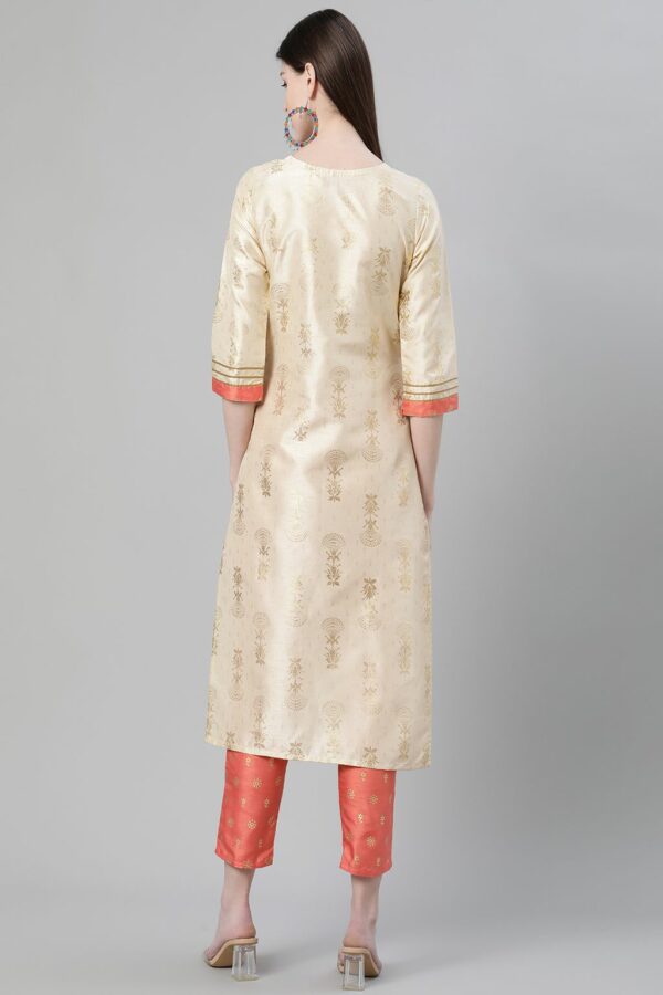 Cream Color Foil Print Straight Kurta - Image 3