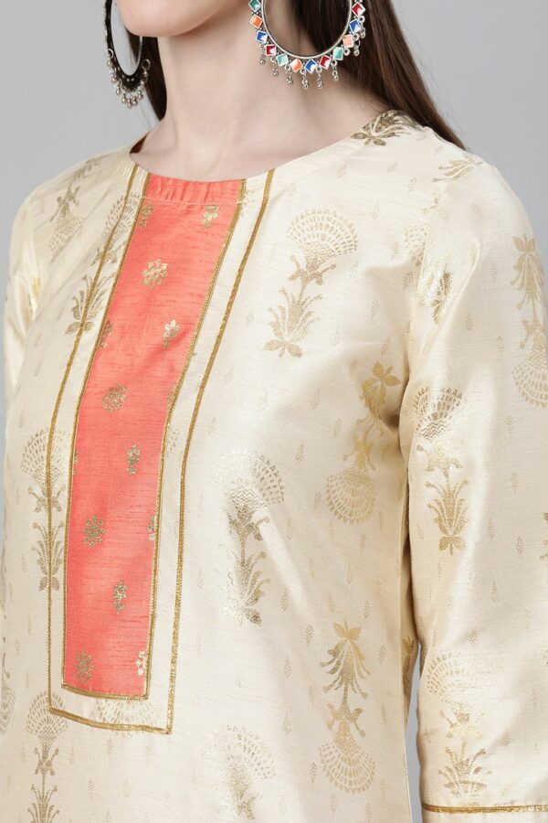 Cream Color Foil Print Straight Kurta - Image 4