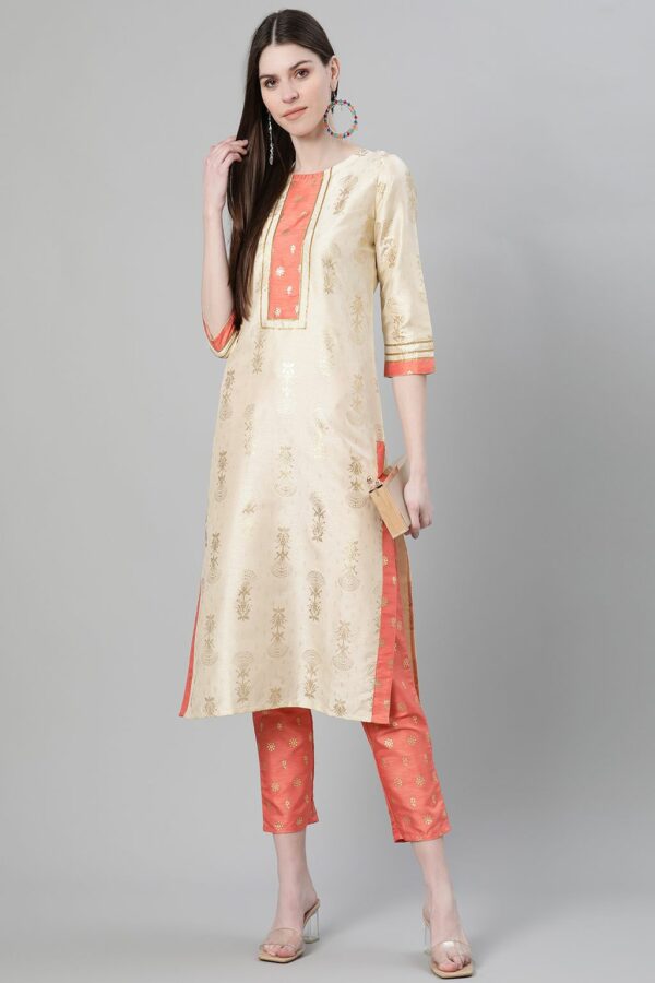 Cream Color Foil Print Straight Kurta - Image 5