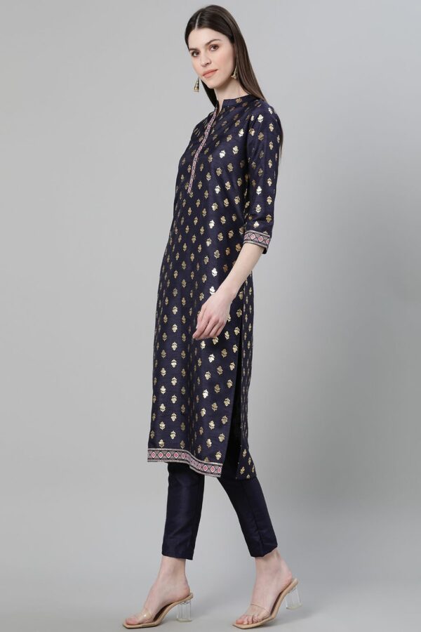 Navy Blue Color Foil Print Straight Kurta And Pant Set - Image 7