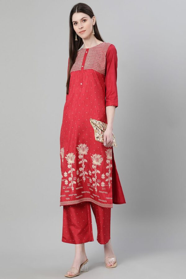 Red Color Foil Print Straight Kurta And Palazzo Set - Image 5