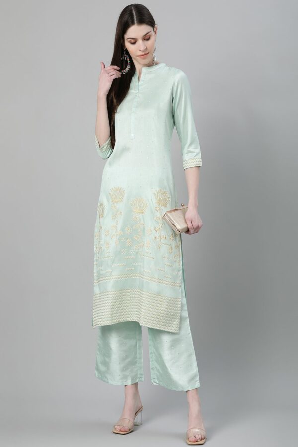 Blue Color Foil Print Straight Kurta - Image 5