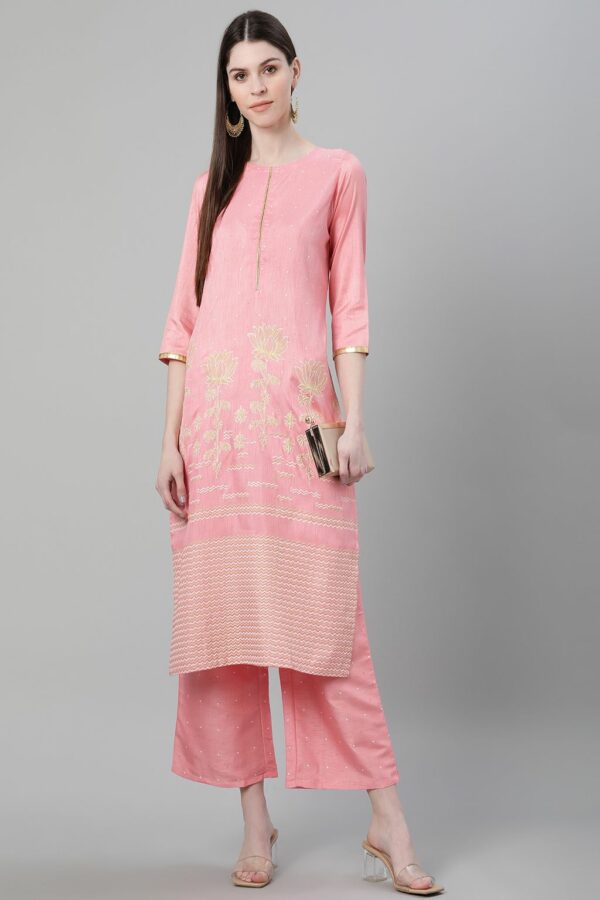 Pink Color Foil Print Straight Kurta