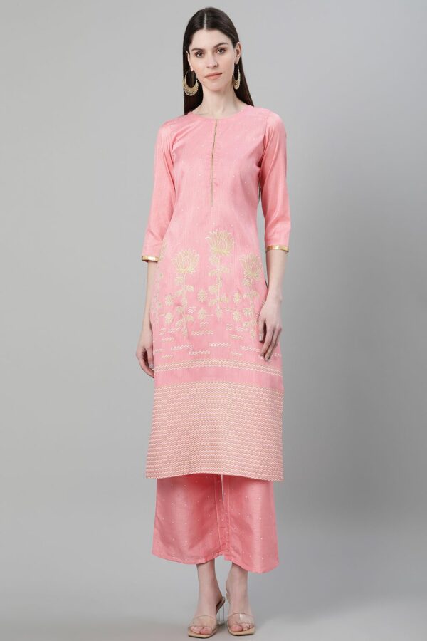 Pink Color Foil Print Straight Kurta - Image 5