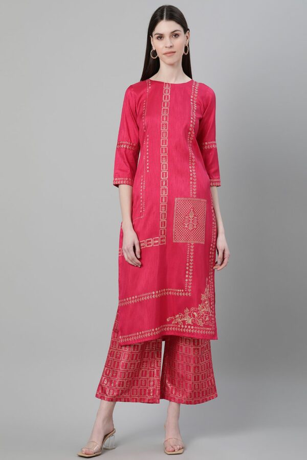 Pink Color Foil Print Straight Kurta And Palazzo Set