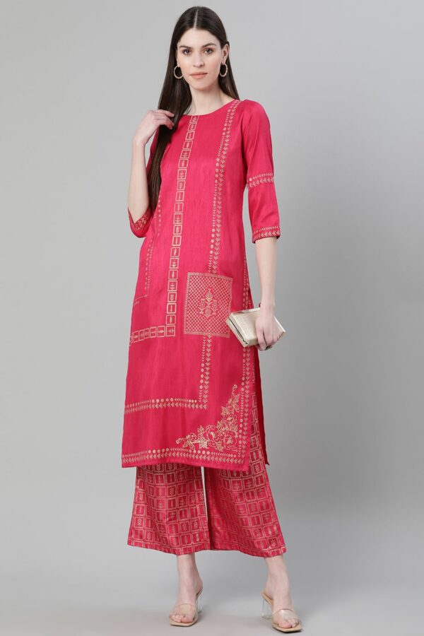 Pink Color Foil Print Straight Kurta And Palazzo Set - Image 5