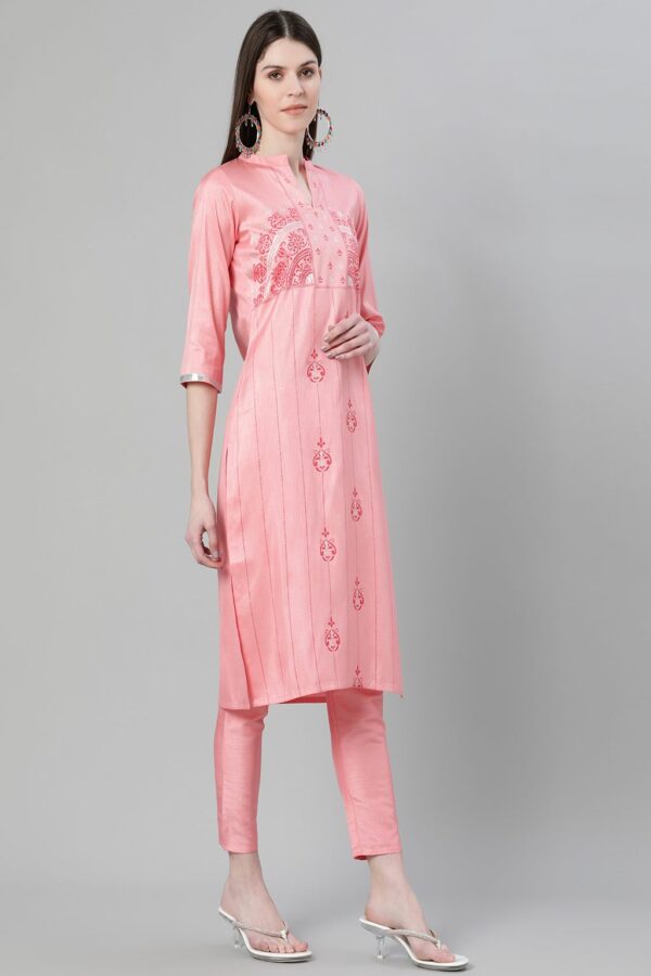 Pink Color Foil Print Straight Kurta And Pant Set - Image 2