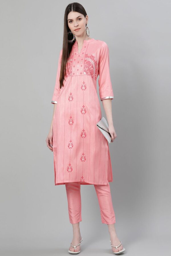 Pink Color Foil Print Straight Kurta And Pant Set - Image 5