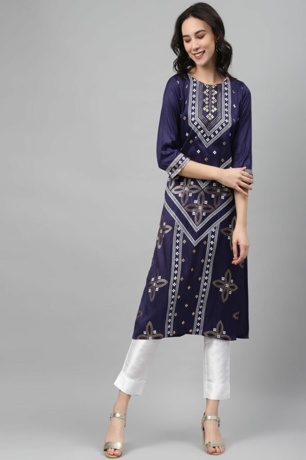 Blue Color Foil Print Straight Kurta