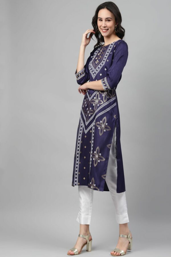 Blue Color Foil Print Straight Kurta - Image 2