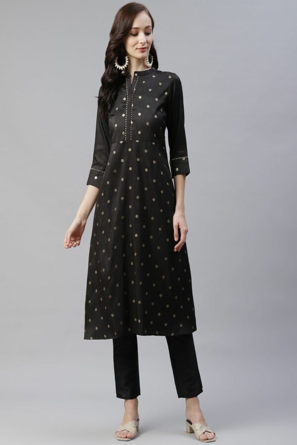 Black Color Foil Printed A-Line Kurta