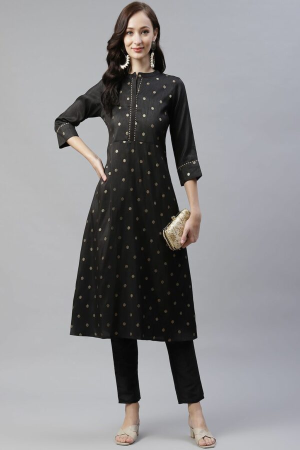 Black Color Foil Printed A-Line Kurta - Image 5