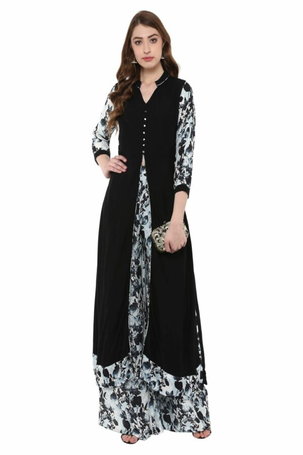 Black Colour 3/4Th Sleeve Polyester Rayon Flared Kurta with Palazzo - Image 2