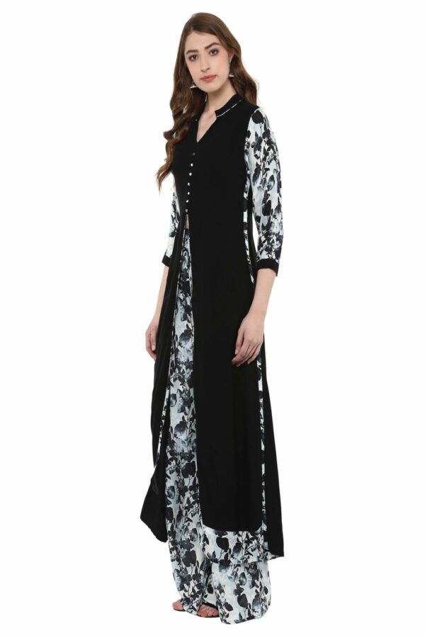 Black Colour 3/4Th Sleeve Polyester Rayon Flared Kurta with Palazzo - Image 4